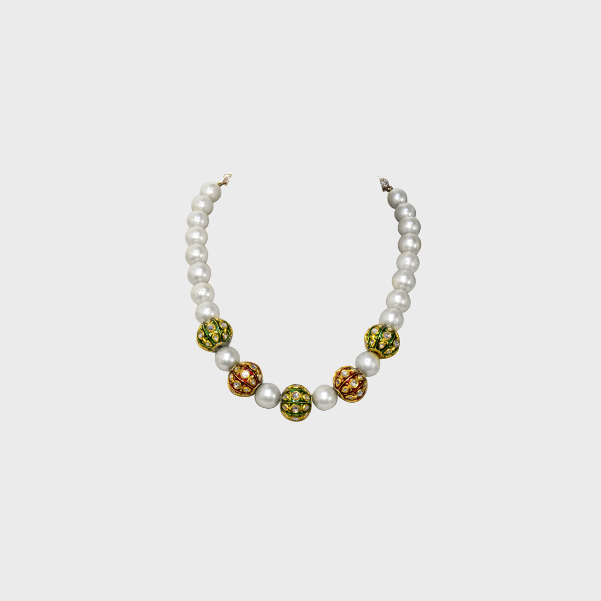 Introducing our exquisite Red and Green Meenakari Ball Necklace adorned with shimmering Diamond Polki and strung with lustrous South Sea Pearls - (KMNE2765)