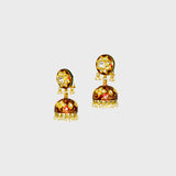 Traditional Red Meena Bore Hasli with Jhoomki Pair, Adorned with Diamond Polki and Pearls (KMNE3414)