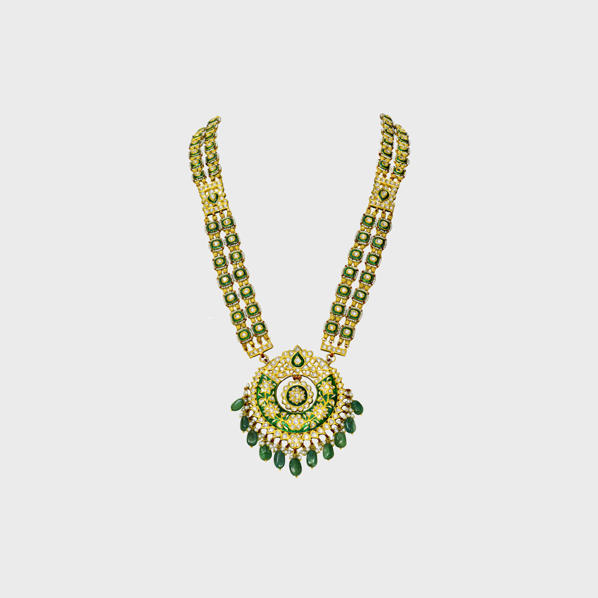 Embrace Tradition: Adorn yourself with our exquisite Green Enameled Rani Haar and Earring Pair - (KMNE3451)