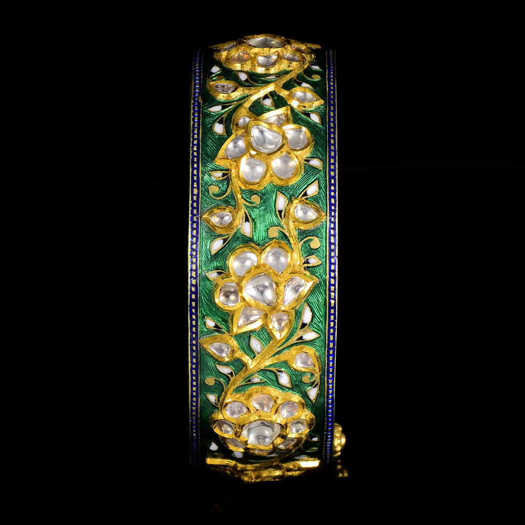 Kada in Green Enameled work in 18k gold  with uncut diamond it's a very intricate and timeless design - KMB0482