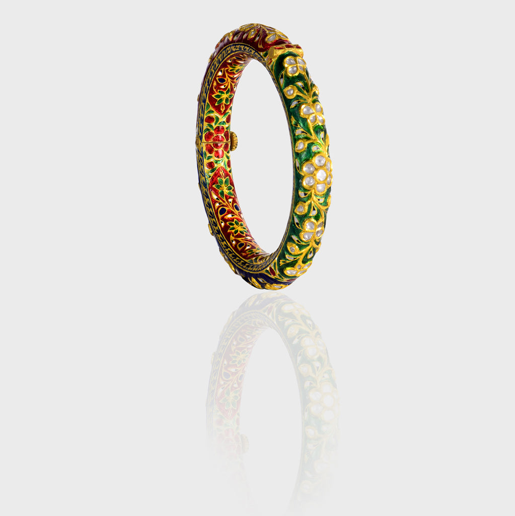 Discover the artistry of tradition with our Multi-Color Enameled Kada adorned with Diamond Polki - (KMB0573)