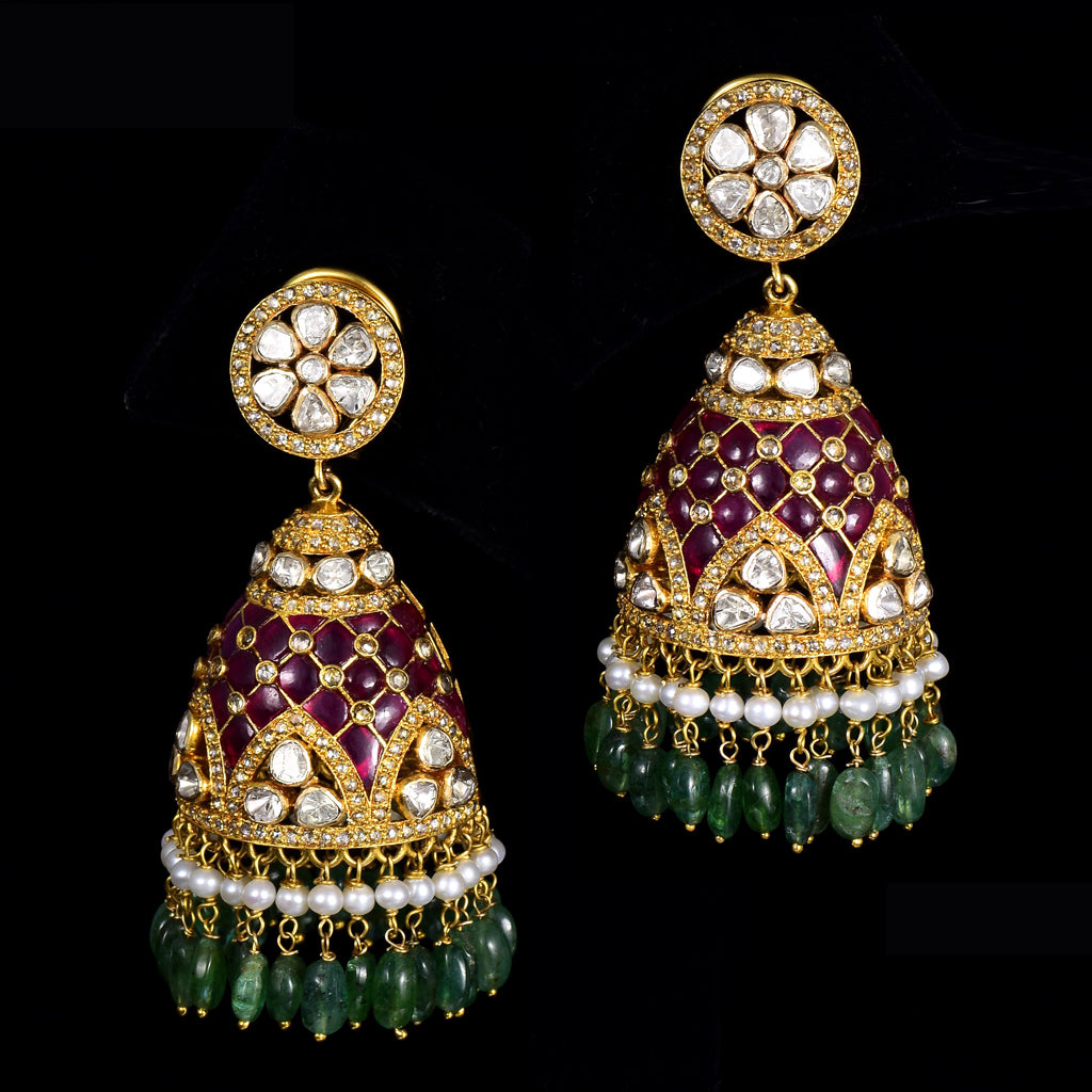 Jhoomki pair with rose cut diamond, diamond uncut and emerald maniya with pearls in 14k gold. - KME2176