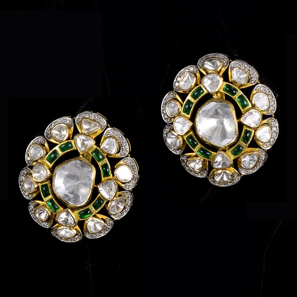 Earring pair with uncut diamond and full cut diamond with green stones in 18k gold.Crafted from high-quality materials, these earrings feature a sleek and stylish design that is sure to turn heads. - KME2183