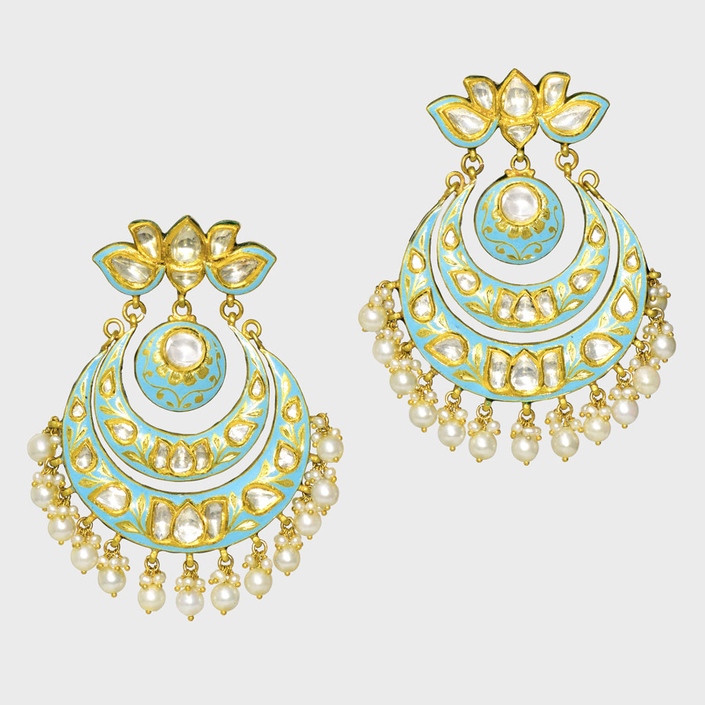 Chandbali-style earrings, showcasing intricate turquoise enameled work and shimmering uncut diamonds. Adorned with delicate pearl hangings (KME2190)