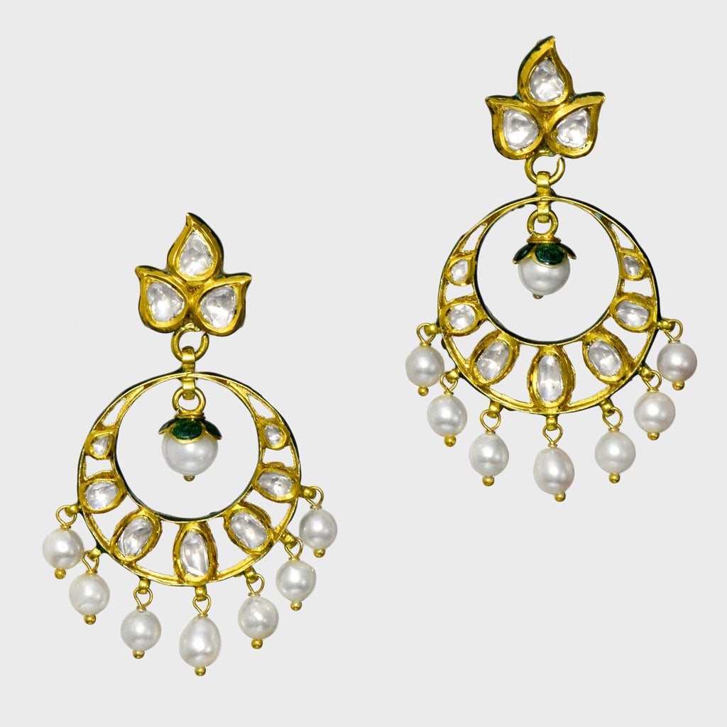 Ekposta Chandbali Earrings with Uncut Diamonds and Pearls - (KME2319)