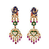 Multi meena elephant face long necklace and earring pair with Diamond polki and Ruby drops and pearls KMNE2887