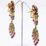 Multi meena elephant face long necklace and earring pair with Diamond polki and Ruby drops and pearls KMNE2887