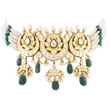 Mini choker with earring pair with Diamond polki and emerald maniya and pearls DESIGN NO KMNE3000