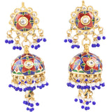 Red and blue meena tanmaniya necklace with jhoomki pair with Diamond polki and pearls KMNE3005