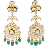 Long necklace with earring pair with Diamond polki and emeralds KMNE3015