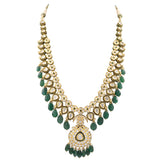 Long necklace with earring pair with Diamond polki and emeralds KMNE3015