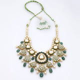 Big Necklace and long earrings with Diamond polki and emerald maniya and pearls  KMNE3027