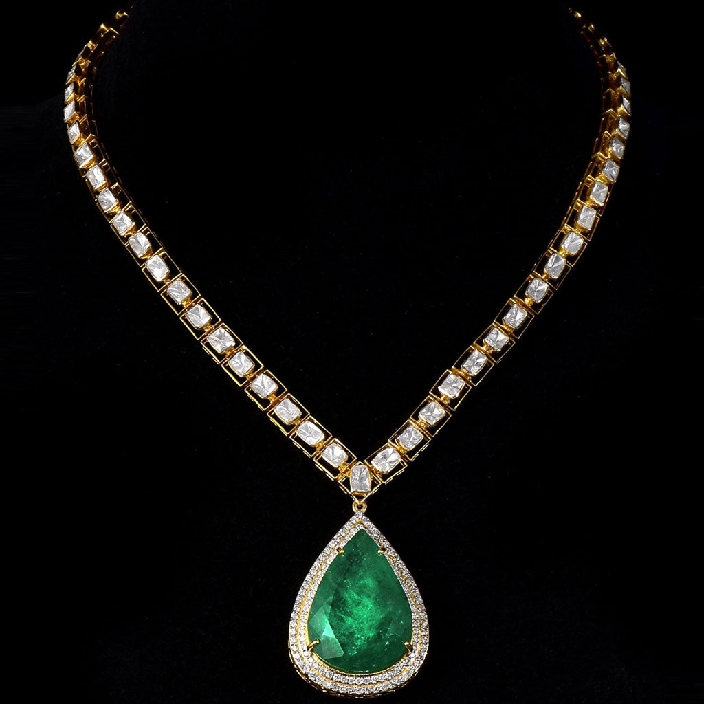 Single line necklace with diamond polki with columbian emerald pendant with full cut diamond. - KMNE3202