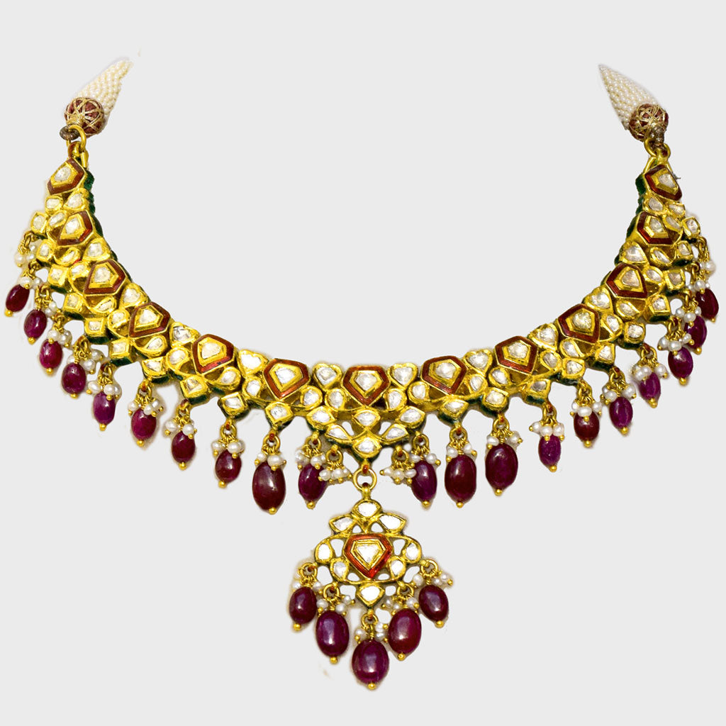 Embrace timeless elegance with our exquisite red enameled round necklace and earring set - (KMNE3350)