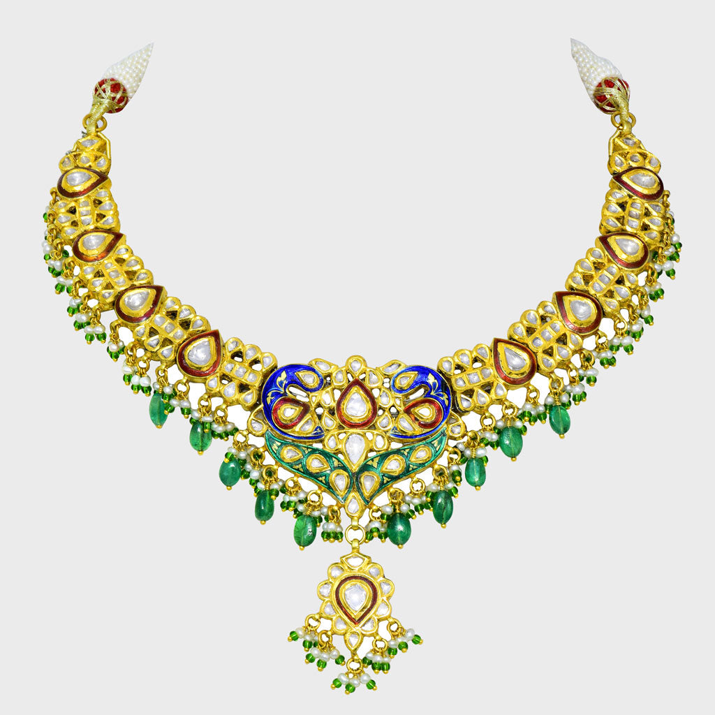 Graceful Splendor: Explore the allure of our multi-enameled peacock design necklace and earring set - (KMNE3352)