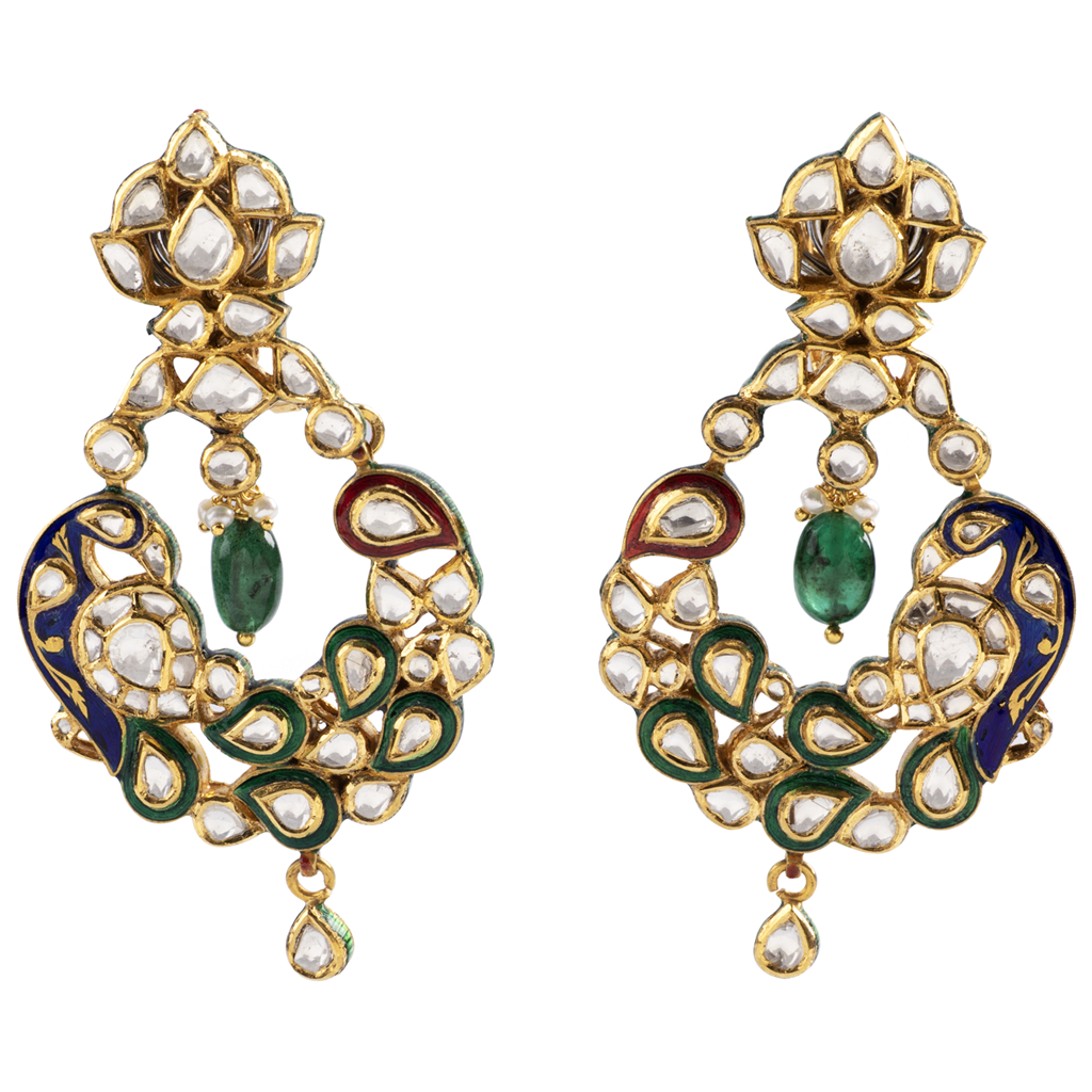 Peacock Meena Chandbali Earring Pair, meticulously crafted to enchant with intricate meenakari work depicting the regal peacock motif. Adorned with glistening uncut diamonds and lustrous pearls.(KMNE3404)