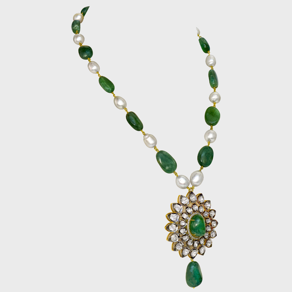 Stunning Pendant with Emerald Cabochons and Diamond Polki - (KMNE3411)